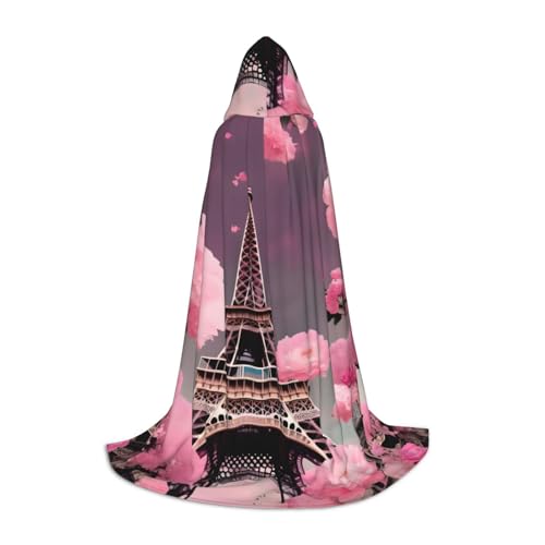 pvinnk Paris Street Eiffelturm Rosa Blumendruck Halloween Warmer Kapuzenumhang für Männer Frauen für Karneval Cosplay Hexenkostüme von pvinnk