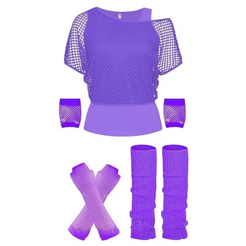 80er 90er Jahre Outfit Damen Bad Taste Outfit Damen Neon Party Outfit One Shoulder Netzoberteil Netzshirt Accessoires Mottoparty Fischnetz Oberteil Crazy Age Mottoparty Partyoutfits Karneval Kostüm von pxjsdwe