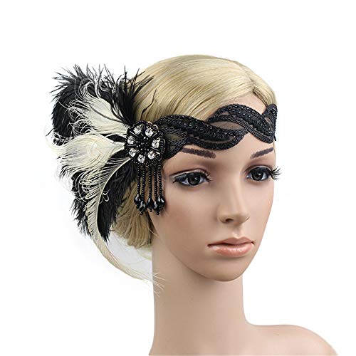 pxjsdwe angebot des tages, Feder Stirnband Damen Vintage Cocktail Feder Haarschmuck Haarband Elegant Feder Stirnband Cosplay Fascinator-Hut Karneval Party Schwarz Haarreif von pxjsdwe