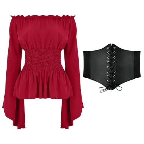 pxjsdwe fasching kostüm damen, Piratenkostüm Damen Kleid Mittelalter Kleidung Gothic Steampunk Langarm Off Shoulder Corsett Top + Gürtel Viktorianisches Renaissance Party Karneval Kostüm von pxjsdwe