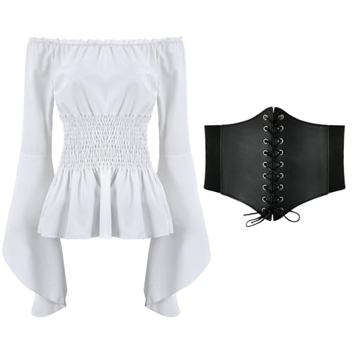 pxjsdwe kostüm damen, Piratenkostüm Damen Kleid Mittelalter Kleidung Gothic Steampunk Langarm Off Shoulder Corsett Top + Gürtel Viktorianisches Renaissance Party Karneval Kostüm von pxjsdwe