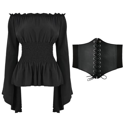 pxjsdwe piratenkleid damen, Piratenkostüm Damen Kleid Mittelalter Kleidung Gothic Steampunk Langarm Off Shoulder Corsett Top + Gürtel Viktorianisches Renaissance Party Karneval Kostüm von pxjsdwe