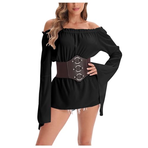 pxjsdwe vikings kostüm damen, Piratenkostüm Damen Kleid mit Gürtel 2 Teiler Swing Off Shoulder Skaterkleid Einfarbiges A-Linien Wickelkleid Patchwork-Kleid Party Karneval Kostüm Faschingskostüme von pxjsdwe