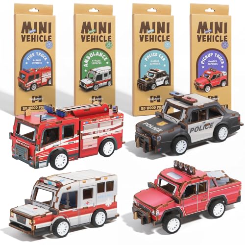 4-teiliges 3D-Modellauto-Puzzle aus Holz, Mini-Fahrzeug (Feuerwehrauto, Polizeiauto, Pickup-Truck, Krankenwagen), inklusive Power-Motor und Rädern (4 Pack) von pyingtoon