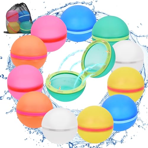 qianduoduo 12 Stück Wasserbomben wiederverwendbar, Wiederverwendbare Wasserbomben,Magnet Selbstschließend Wiederverwendbar Schnell Wiederbefüllbare Silikon Wasserbomben für Kinder, Strand,Poolparty von qianduoduo