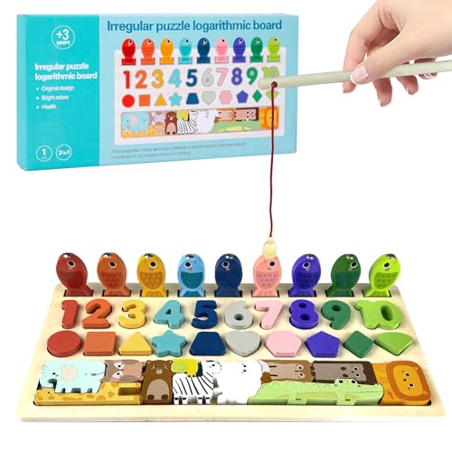 Holz Montessori Puzzle Spielzeug,Multifunktionale Holzpuzzles,Lernspielzeug,Busy Board Montessori,4 in 1 Zahlen Holz,Lernspielzeug ab 3 Jahre,Angelspiel,Montessori Kinder Spielzeug für ab 3 Jahre von qimeyu