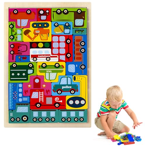 Tetris Puzzle,Holzpuzzle Tangram,Fahrzeuge Holz Puzzle,2 in 1 Holz Tangram Puzzle Set,Montessori Puzzle für Kleinkinder ab 3 Jahre,Lernspielzeug Geschenke für Jungen Mädchen von qmyawka