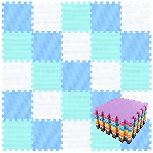 qqpp® 18 Puzzle Eva Schaumstoff Puzzlematte Puzzleteppich Kinder - Krabbelmatte Spielmatte Baby Schadstofffrei Sport rutschfest Bodenschutzmatte Fitness Matte. Weiß, Blau, Grün. QQC-AGHb18N von qqpp