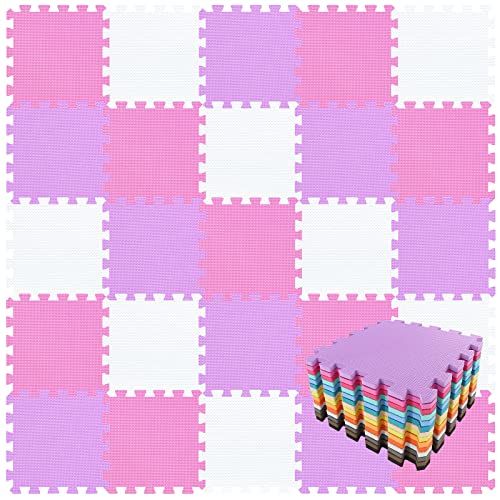 qqpp® 25 Puzzle Eva Schaumstoff Puzzlematte Puzzleteppich Kinder - Krabbelmatte Spielmatte Baby Schadstofffrei Sport rutschfest Bodenschutzmatte Fitness Matte. Weiß, Pink, Violett. QQC-ACKb25N von qqpp