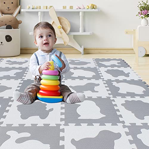 qqpp® 18 Tiere Puzzle Matte Eva Schaumstoff Puzzlematte Baby - Krabbelmatte Spielmatte Kinder Schadstofffrei rutschfest Bodenschutzmatte. Weiß, Grau. QQP-51(AL) b18N von qqpp