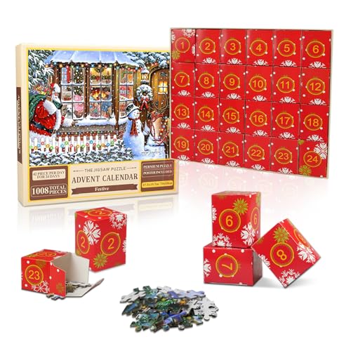 quiodok Puzzle Adventskalender 2024, Weihnachten Puzzle 1008 Teile, Weihnachtspuzzle, 24 Boxen Puzzle Weihnachten, Puzzles für Countdown Bis Weihnachten (70 * 50cm) von quiodok