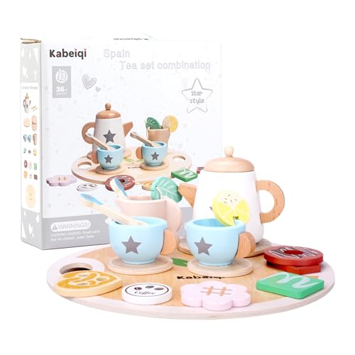 quiodok Teeservice Kinderküche Zubehör Tee Set Teeservice Kinder Holz Spielküche Zubehör Teeservice Kinder Teeset aus Holz Tee-Set aus Holz für Kinder ab 3 Jahren Mädchen Jungen von quiodok