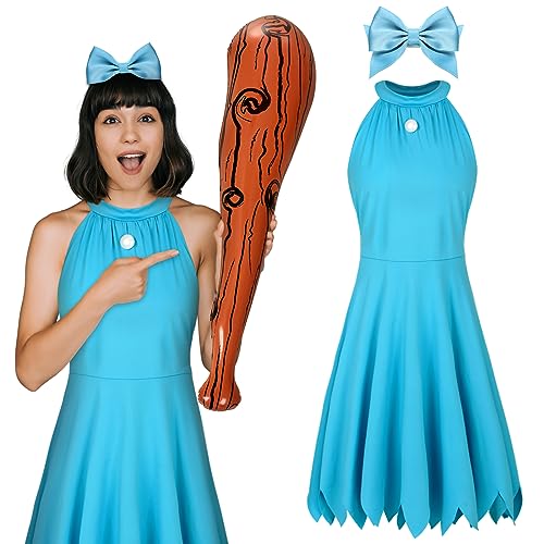 3 Stück Halloween Höhlenfrau Kostüm Zubehör Kleid Aufblasbare Höhle Fledermaus Schleife Haarspange für Frauen Halloween Cosplay Party, Blau / Braun, XL von ramede