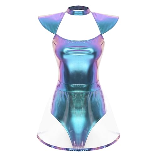 ranrann Alien Kostüm Damen Metallic Außerirdischer Kleid Minikleid Einteiler Bodysuit mit Rock Halloween Fasching Mottoparty Rollenspiel Outfit Blau 3XL von ranrann