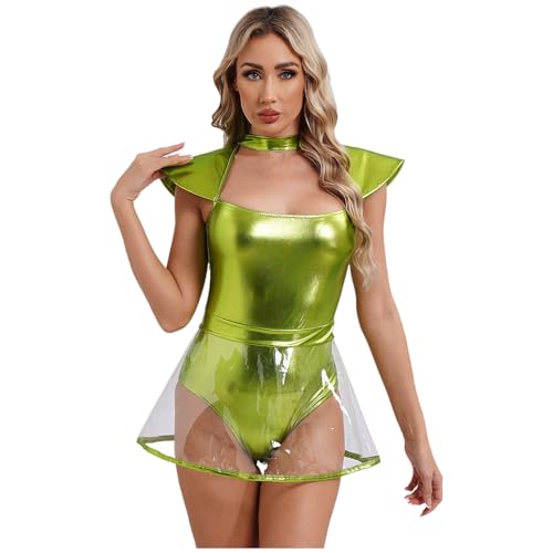 ranrann Alien Kostüm Damen Metallic Außerirdischer Kleid Minikleid Einteiler Bodysuit mit Rock Halloween Fasching Mottoparty Rollenspiel Outfit Neon Grün 3XL von ranrann