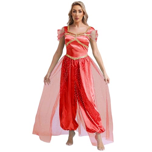 ranrann Arabische Prinzessin Kostüm Damen Märchen Cosplay Outfit Einteiler Jumpsuit Overall mit Überwurf Halloween Fasching Kostüm Burgundy M von ranrann