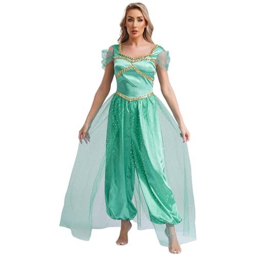 ranrann Arabische Prinzessin Kostüm Damen Märchen Cosplay Outfit Einteiler Jumpsuit Overall mit Überwurf Halloween Fasching Kostüm Türkis S von ranrann