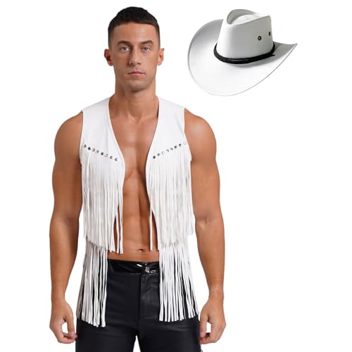 ranrann Cowboy Kostüm Herren set Wildleder Weste mit Fransen Cowboyhut Männer Sheriff Wilder Westen Kostüm Halloween Fasching Weiß M von ranrann