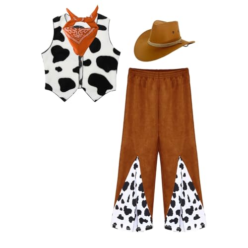 ranrann Cowboy Verkleidung Kinder Western Cowboy Cowgirl Kostüm Rollenspiel Outfit Cowboyweste Hose mit Bandana Hut Karneval Fasching Kostüm Orange 110-116 von ranrann