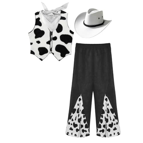 ranrann Cowboy Verkleidung Kinder Western Cowboy Cowgirl Kostüm Rollenspiel Outfit Cowboyweste Hose mit Bandana Hut Karneval Fasching Kostüm Weiß 110-116 von ranrann