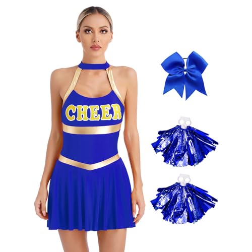 ranrann Damen Cheerleading Kleid Kurz Minikleid mit Pompoms Strümpfe Knielang Cheerleaderin Uniform Tanz Outfit A Blau XXL von ranrann