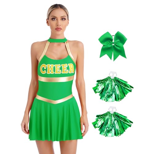 ranrann Damen Cheerleading Kleid Kurz Minikleid mit Pompoms Strümpfe Knielang Cheerleaderin Uniform Tanz Outfit A Grün XXL von ranrann