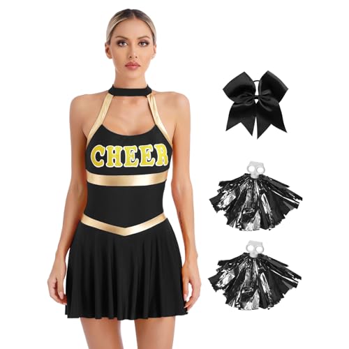 ranrann Damen Cheerleading Kleid Kurz Minikleid mit Pompoms Strümpfe Knielang Cheerleaderin Uniform Tanz Outfit A Schwarz XXL von ranrann