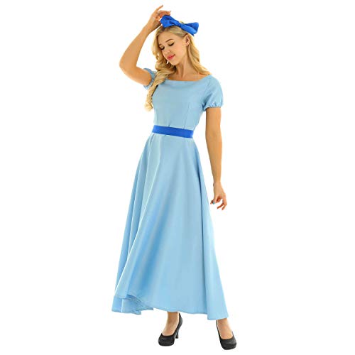 ranrann Damen Prinzessin Märchen Verkleidung Kostüm Maxikleid Kurzarm Kleid mit Schleife Haarschmuck Cosplay Rollenspiel Outfits für Party Karneval Fasching Blau XX-Large von ranrann