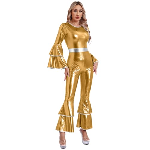 ranrann Damen Vintage Disco Kostüm Metallic Glänzend Jumpsuit Langarm Overall Schlaghose mit Rüschen DJ Tanz Kostüm Karneval Gold S von ranrann