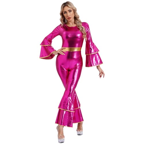 ranrann Damen Vintage Disco Kostüm Metallic Glänzend Jumpsuit Langarm Overall Schlaghose mit Rüschen DJ Tanz Kostüm Karneval Hot Pink XL von ranrann