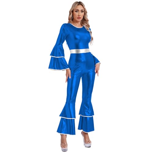 ranrann Damen Vintage Disco Kostüm Metallic Glänzend Jumpsuit Langarm Overall Schlaghose mit Rüschen DJ Tanz Kostüm Karneval Königsblau 3XL von ranrann