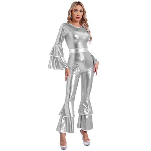 ranrann Damen Vintage Disco Kostüm Metallic Glänzend Jumpsuit Langarm Overall Schlaghose mit Rüschen DJ Tanz Kostüm Karneval Silber 3XL von ranrann