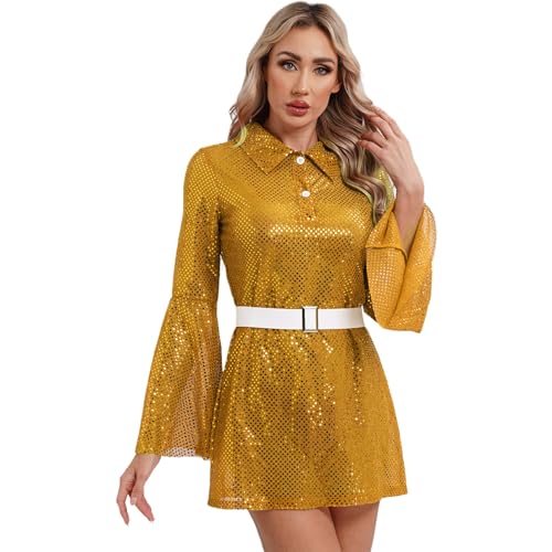 ranrann Damen Vintage Disco Outfit Kostüm Pailletten Langarm Kleid Minikleid mit Taillengürtel Karneval Fasching Kostüm Gold 4XL von ranrann