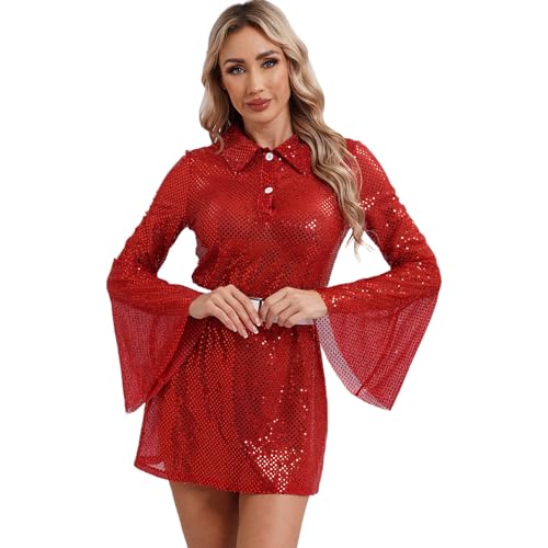 ranrann Damen Vintage Disco Outfit Kostüm Pailletten Langarm Kleid Minikleid mit Taillengürtel Karneval Fasching Kostüm Rot M von ranrann