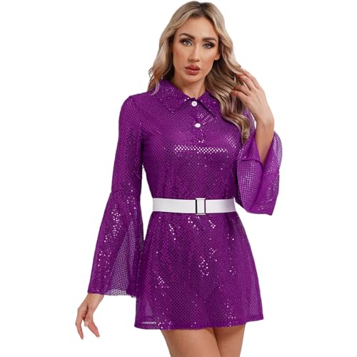 ranrann Damen Vintage Disco Outfit Kostüm Pailletten Langarm Kleid Minikleid mit Taillengürtel Karneval Fasching Kostüm Violett M von ranrann