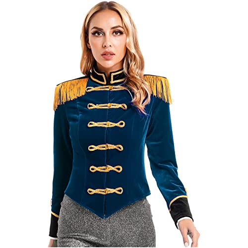 ranrann Damen Zirkus Ringmaster Kostüm Samt Langarm Jacke Frack Mantel Kurz mit Fransen Schulterstück Fasching Karneval Verkleidung Outfit Dunkelblau S von ranrann