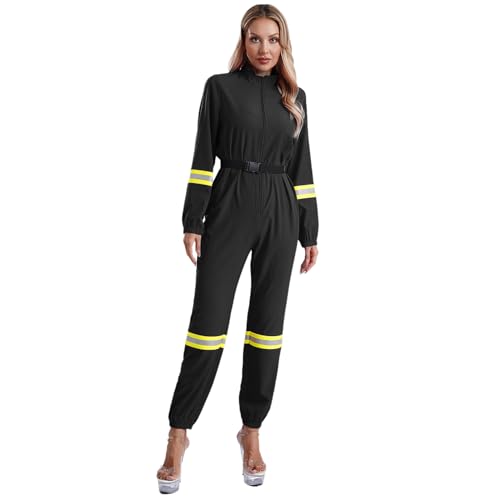 ranrann Feuerwehrfrau Kostüm Damen Firewoman Beruf Uniform Cosplay Outfit Einteiler Arbeitsanzug Overall Halloween Fasching Kostüm Schwarz 3XL von ranrann