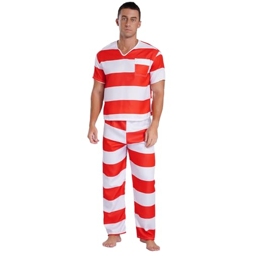 ranrann Gefangener Kostüm Herren Hallween Fasching Kostüm Set Gefängnis Häftling Uniform Rollenspiel Kostüm Gestreiftet Tops mit Hose Rot M von ranrann