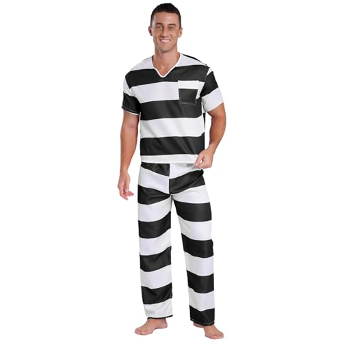 ranrann Gefangener Kostüm Herren Hallween Fasching Kostüm Set Gefängnis Häftling Uniform Rollenspiel Kostüm Gestreiftet Tops mit Hose Schwarz L von ranrann