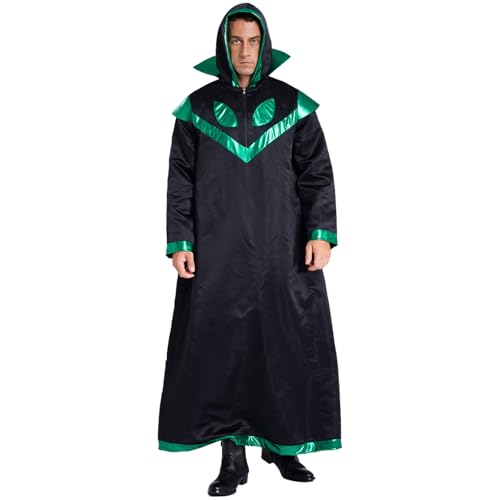 ranrann Halloween Alien Kostüm Herren Außerirdischer Verkleidung Umhang Mantel Robe mit Kapuze Schwarz Erwachsene Karneval Fasching Kostüm Grün 3XL von ranrann