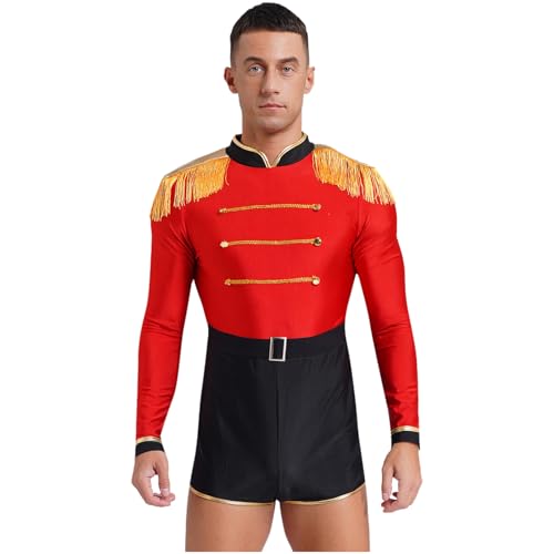 ranrann Herren Zirkus Kostüm Zirkus Dompteur Kostüm Einteiler Jumpsuit Body Langarm Bodysuit Halloween Karneval Kostüm Rot 3XL von ranrann