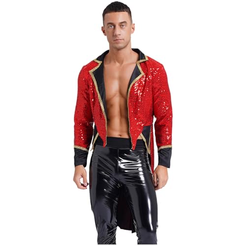 ranrann Herren Zirkusdirektor Frack Jacke Glitzer Mantel Oberteil Erwachsene Ringmaster Zirkus Kostüm Halloween Fasching Kostüm Rot XXL von ranrann