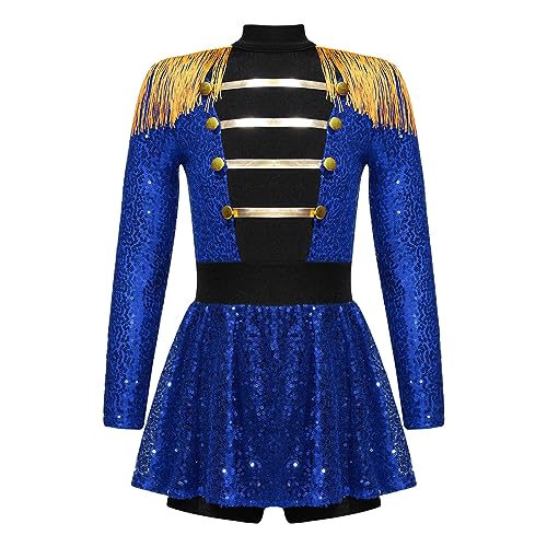 ranrann Mädchen Glitzer Zirkus Zirkusdirektorin Kostüm Zirkus Body Turnanzug Gymnastikanzug Langarm Pailletten Trikot Kleid für Karneval Halloween Blau 110-116 von ranrann