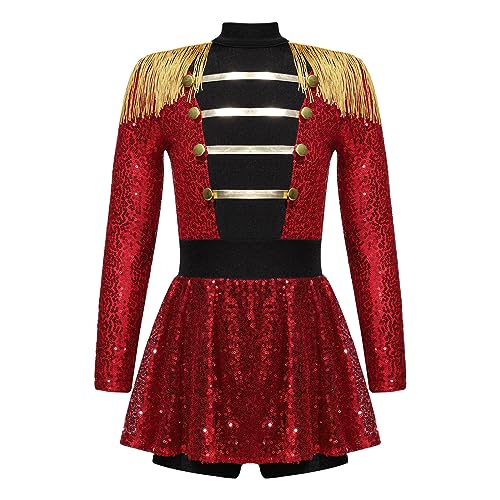 ranrann Mädchen Glitzer Zirkus Zirkusdirektorin Kostüm Zirkus Body Turnanzug Gymnastikanzug Langarm Pailletten Trikot Kleid für Karneval Halloween Rot 110-116 von ranrann