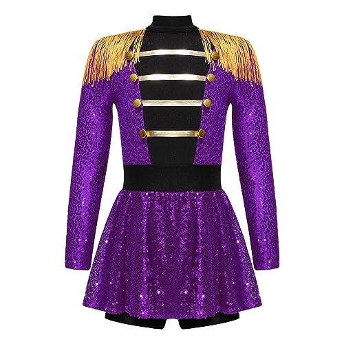 ranrann Mädchen Glitzer Zirkus Zirkusdirektorin Kostüm Zirkus Body Turnanzug Gymnastikanzug Langarm Pailletten Trikot Kleid für Karneval Halloween Violett 110-116 von ranrann