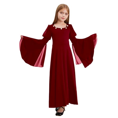 ranrann Renaissance Kleid Mädchen Kinder Mittelalter Kleidung Steampunk Viktorianisch Maxikleid Langarm Vintage Mottoparty Outfit Burgundy 110-116 von ranrann