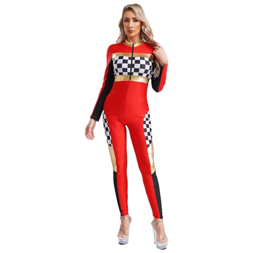 ranrann Rennfahrer Kostüm Damen Overall Ganzkörper Anzug Eng Einteiler Racer Kostüm Uniform Fasching Karneval Kostüm Rot 3XL von ranrann