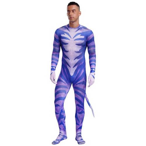 ranrann Tier Kostüm Herren Erwachsene Halloween Fasching Karneval Kostüm Einteiler Catsuit Overall 3D Druck Muster Rollenspiel Kostüm Blau 3XL von ranrann