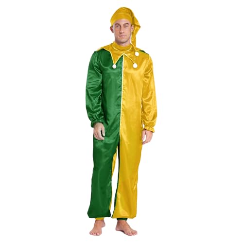 ranrann Zirkus Clown Kostüm Herren Halloween Fasching Karneval Kostüm Overall Einteiler Jumpsuit Farbblock mit Hut Mütze Mottoparty Verkleidung Gelb 3XL von ranrann