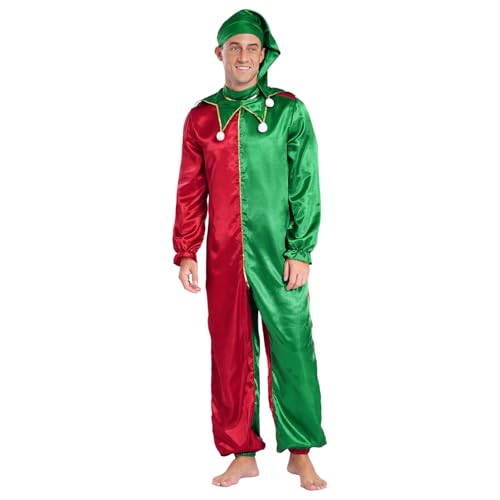 ranrann Zirkus Clown Kostüm Herren Halloween Fasching Karneval Kostüm Overall Einteiler Jumpsuit Farbblock mit Hut Mütze Mottoparty Verkleidung Grün 3XL von ranrann